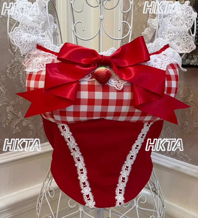 

2025 Summer New Strawberry Plaid Bow Lace Trim Slim Fit Crop Top Lolita Girls Elastic Camisole with Chest Pads
