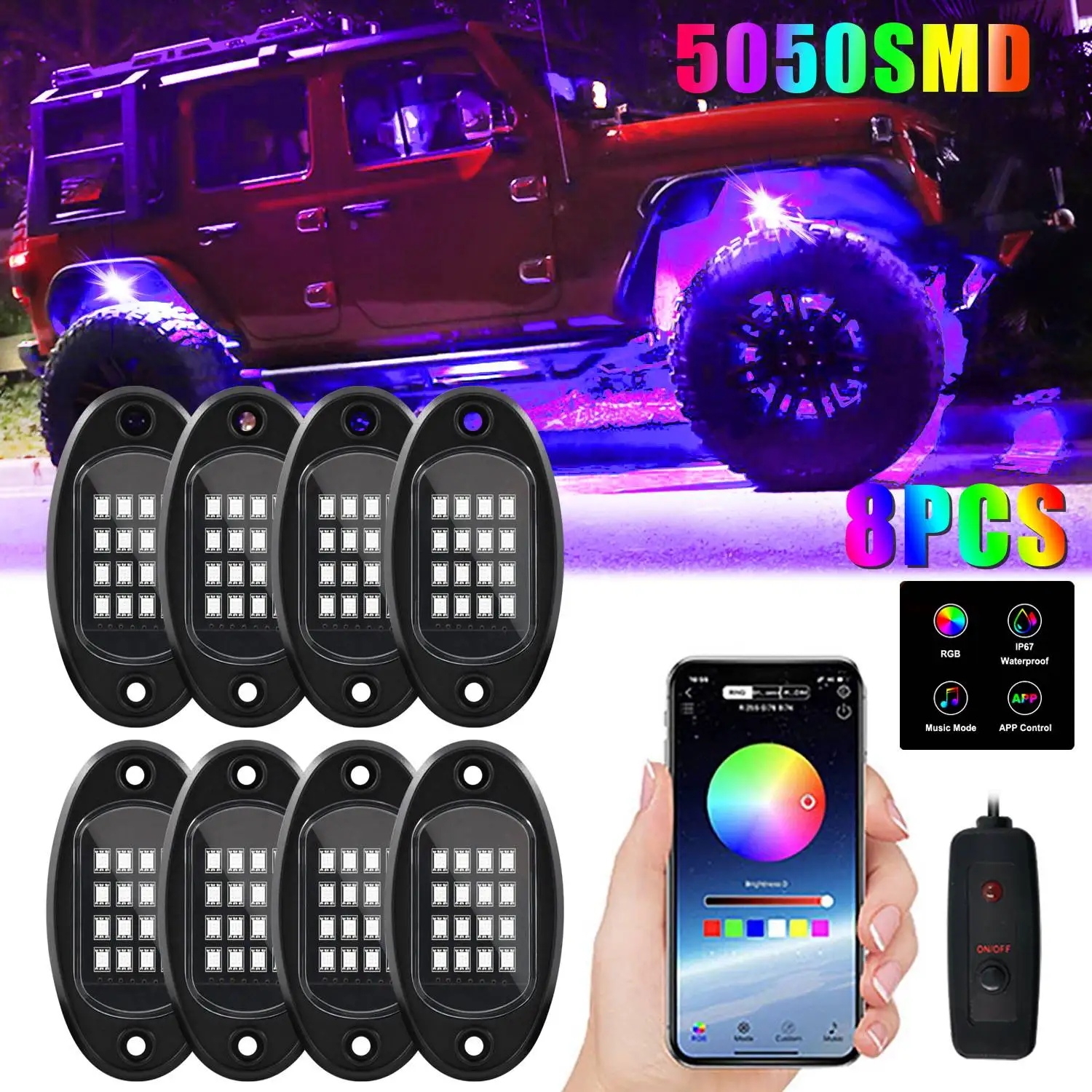 8 Pods RGB LED Rock Lights Kit Underglow Multicolor Neon Light Pod with Bluetooth App Control for Truck ATV UTV