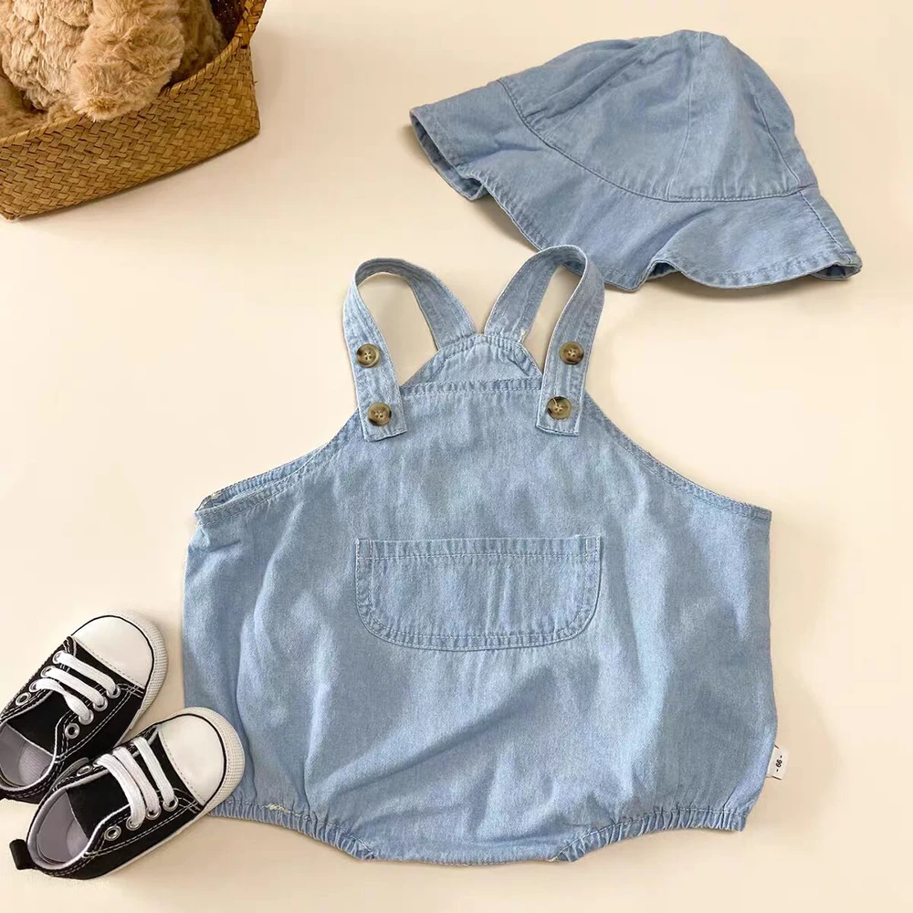 Denim Baby Strap Romper and Cap Set 2024 Summer 0-24Months Boy and Girl Pockets Overalls Soft Thin Cotton Toddler Jumpsuit