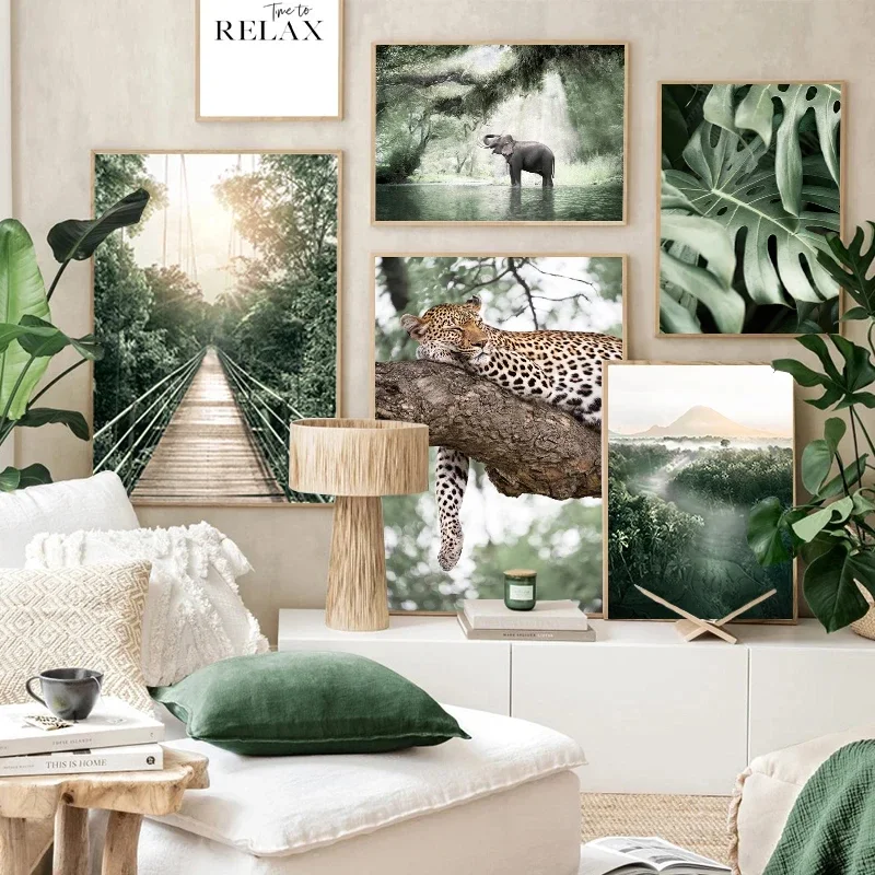 Jungle Landscape Wall Art Oil Painting Poster Animal Leopard Elephant Print Palm Leaf Forest River Bridge Nordic Home Decoration