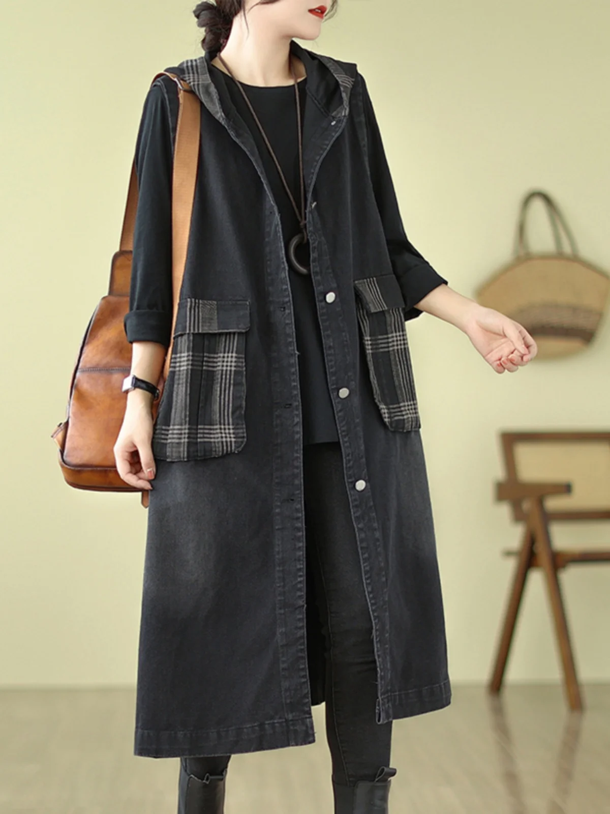 

Retro Workwear Denim Jaet Women's Long Over-Knee Windbreaker Svel oulder Pad Vest Trendy Cotton Polyester Blend