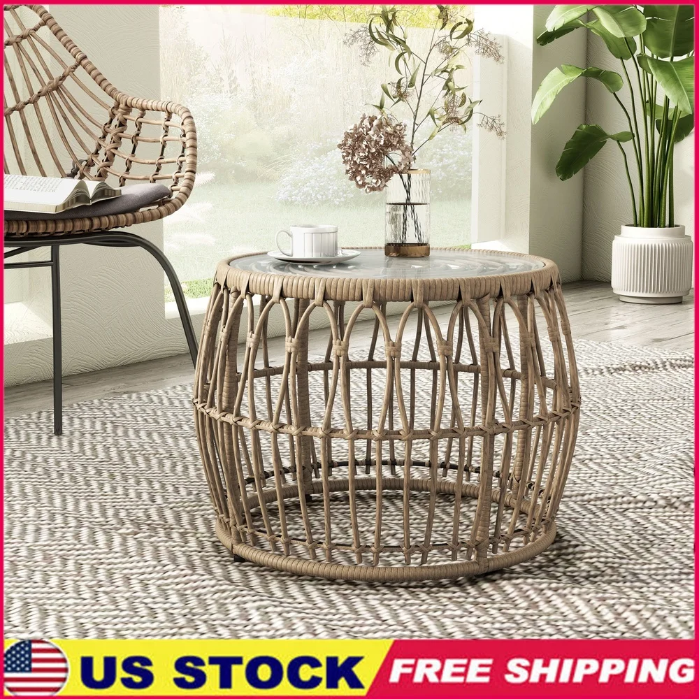 

Журнальный столик из ротанга с круглым стеклянным верхом, уличный шикарный дизайн в стиле бохо, устойчивый к атмосферным воздействиям, прочный стальной каркас, компактный приставной столик