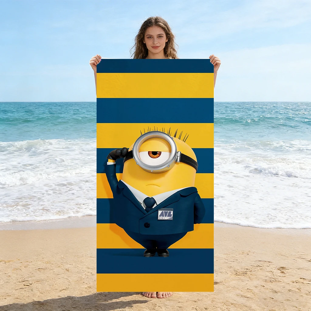Strandtuch mit großen Augen und niedlichen Kreaturen, gelb und blau gestreift, schnell trocknend, geeignet für Strandurlaub, Pool, lustiges Geschenk für Freunde