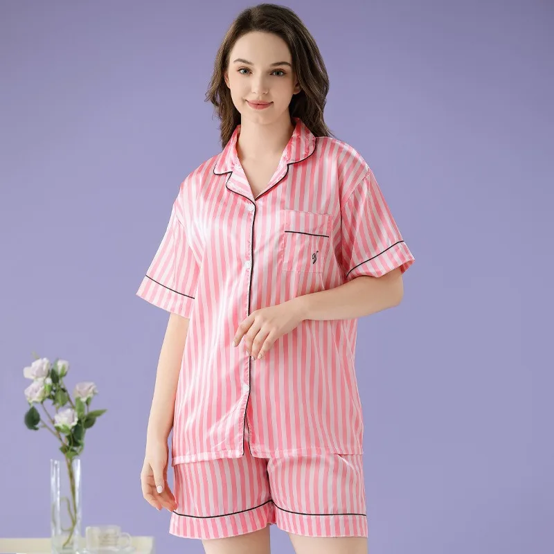 

Женские летние пижамы из ледяного шелка, женская одежда для сна с короткими рукавами в розовую полоску, домашняя одежда, комплект из 2 предметов, одежда для сна для девочек, домашняя одежда