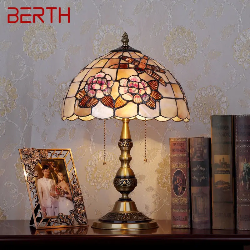 BERTH Modern Brass Table Lamp LED European Creative Tiffany Shell Decor Bedside Desk Light for Home Living Room Bedroom