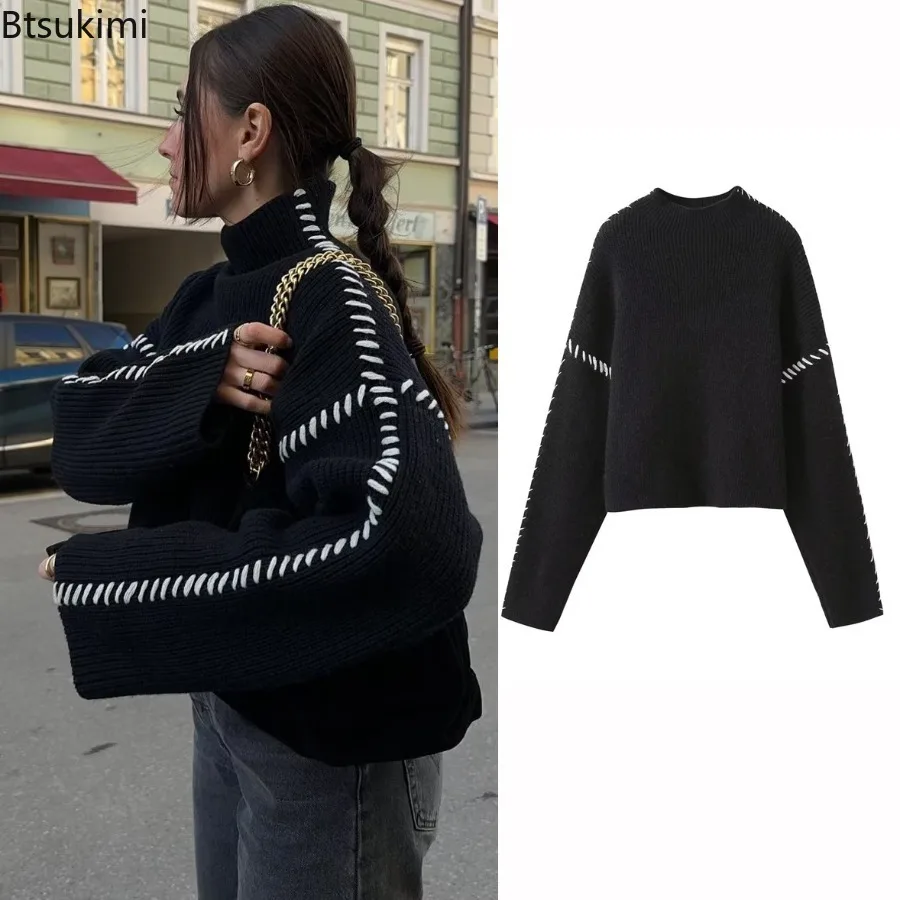 

Autumn Winter Turtleneck Knitted Patchwork Woman Sweater Long Sleeve Loose Comfort Pullover Warm and Versatile Sweater Jackets