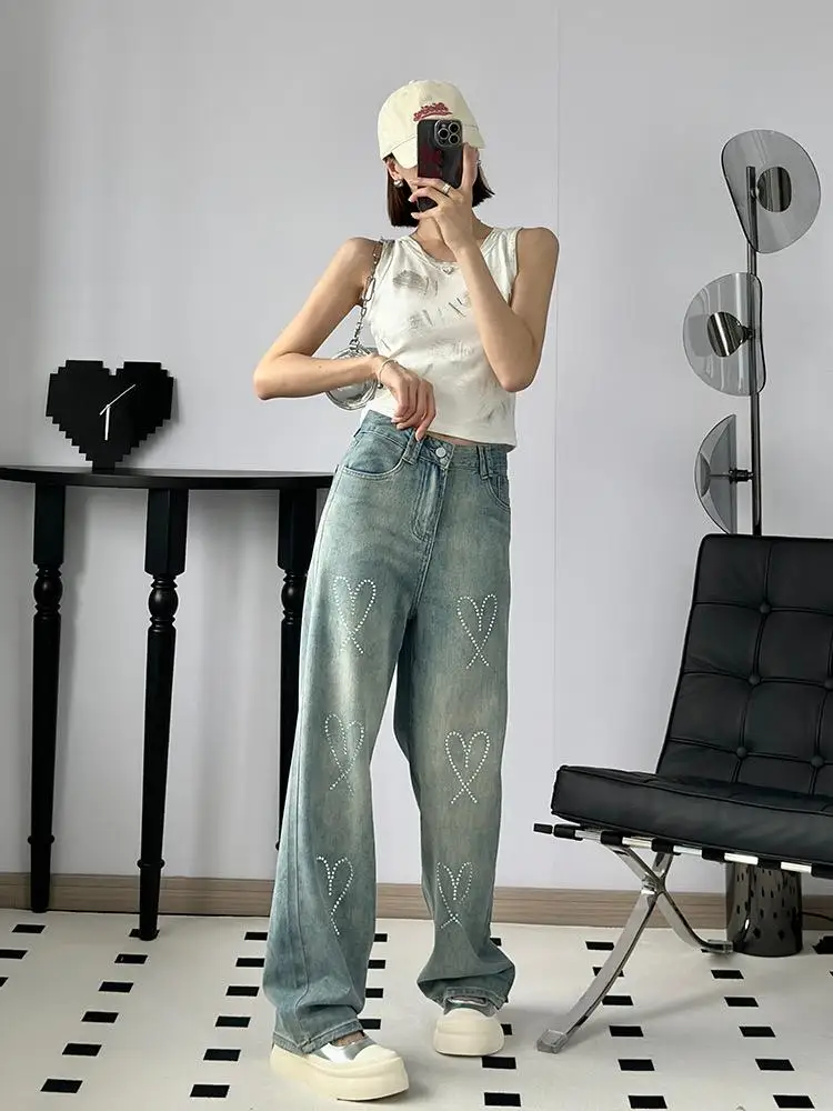 Jeans a gamba dritta a vita alta da donna Primavera Estate New Sle Loose Fit dimagranti con diamanti impreziositi pantaloni a gamba larga alla moda