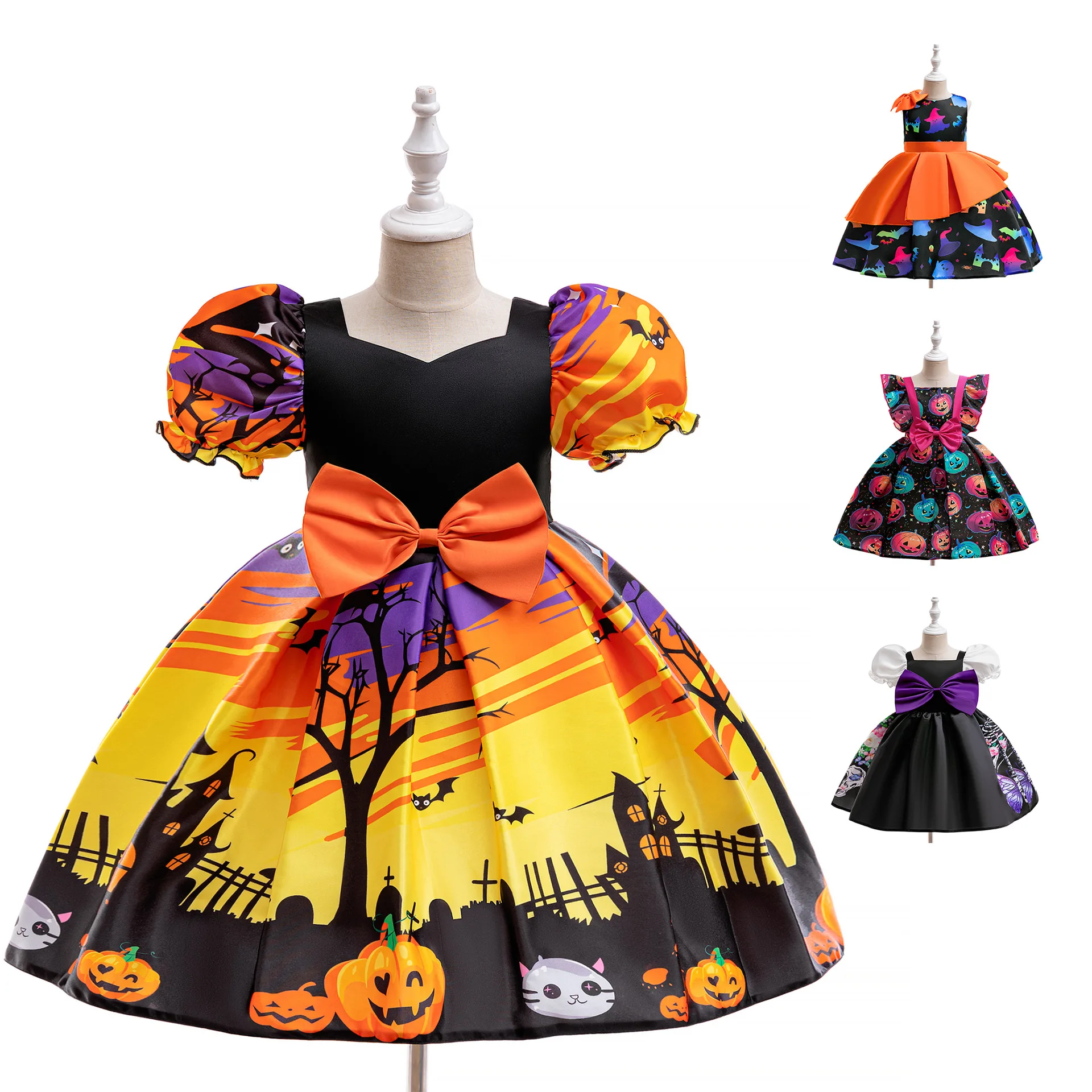 Disfraz de Halloween para niña, vestido de fiesta elegante a la moda, ropa con estampado de lámpara de calabaza, disfraces de actuación para niño, 2024