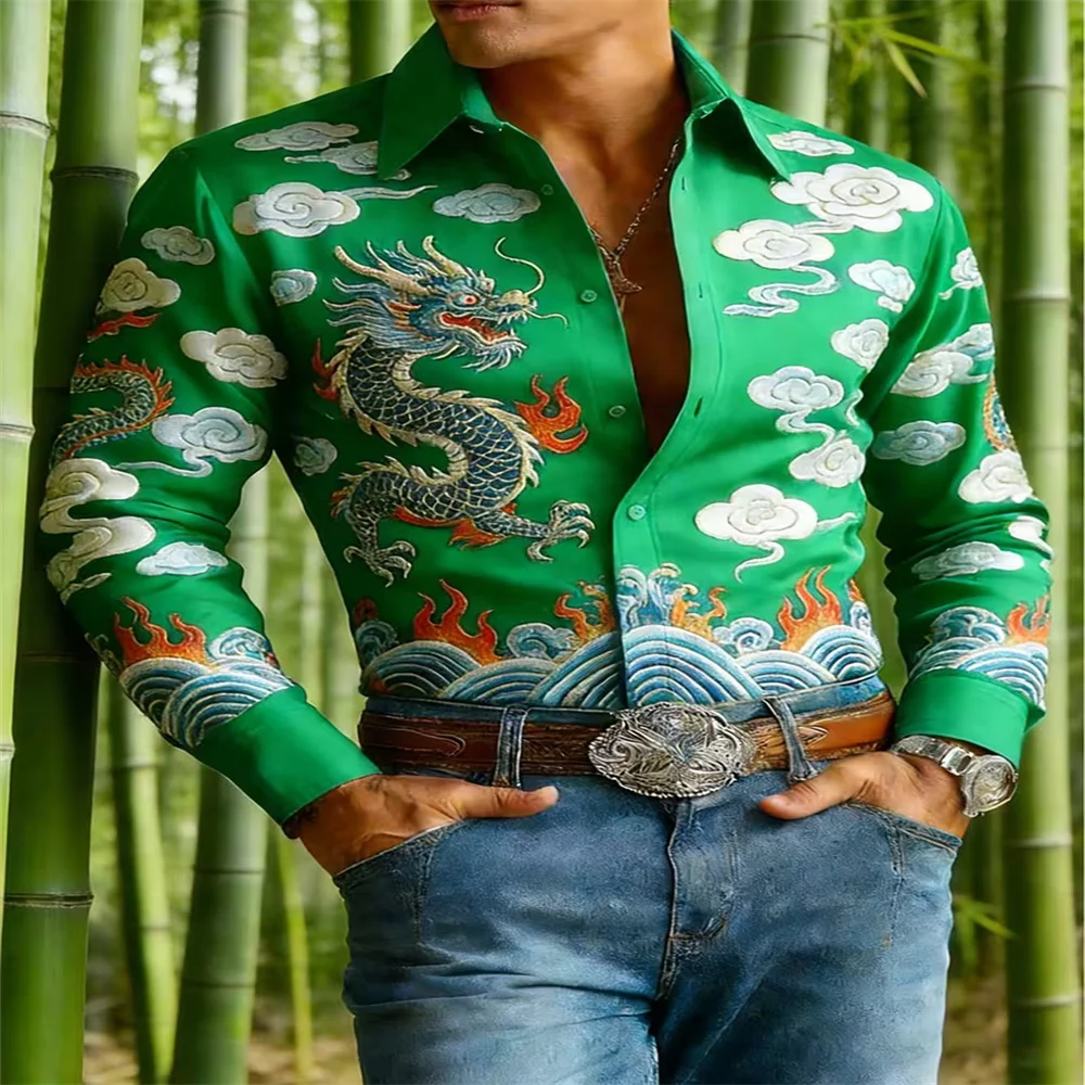 Men Luxury Golden Baroque Print Long Sleeve Shirts Vintage Greek Key Pattern Button Down Dress Shirt Fashion Streetwear Party Ca