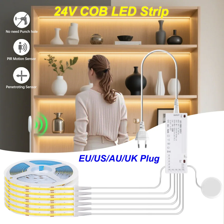 24V Under Cabinet Lamp Tape PIR Motion Sensor COB LED Strip Light Auto ON OFF Stairs Wardrobe Closet Shelf Collection Lighting