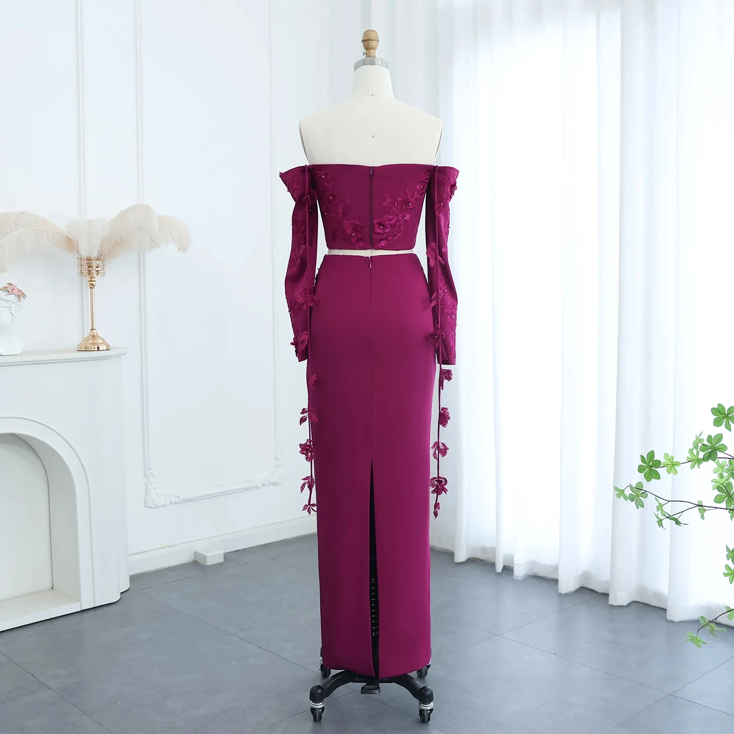 Elegant Off Shoulder Fuchsia 2 Pieces Evening Dress With Long Sleeves 3D Flowers Arabic Wedding Party Gowns Sz310