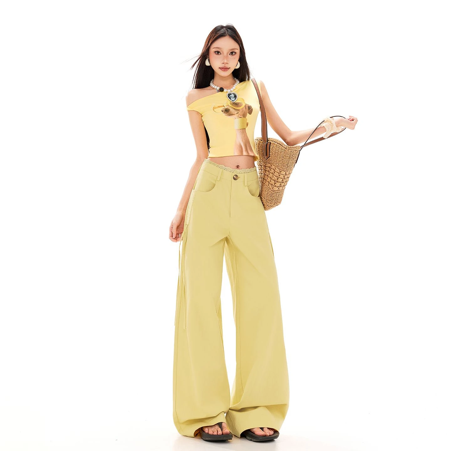 

ZHISILAO New Lace Print Yellow Jeans Women Wide Leg Straight Jeans Women Spring Summer 2026 Chic Streetwear