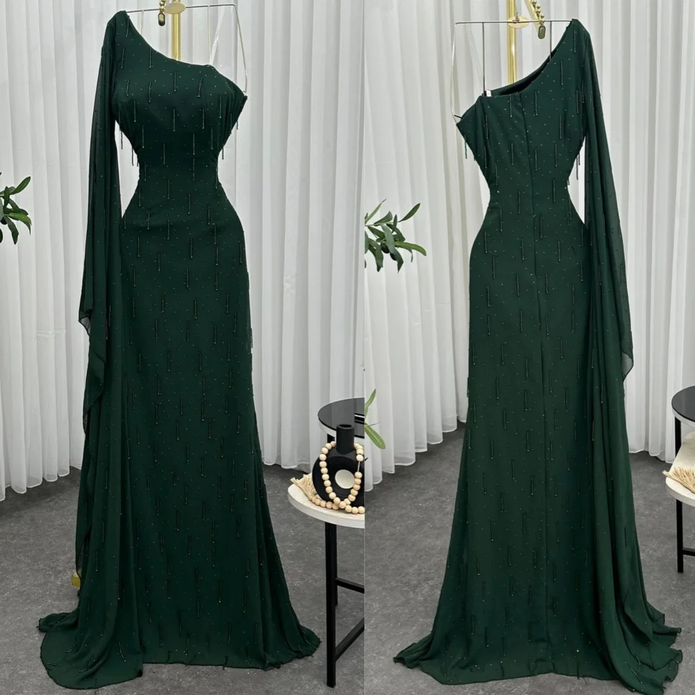 

Customized Intricate Jersey Sequined Pleat A-line One-shoulder Long Dresses Bespoke Occasion Chinese Style