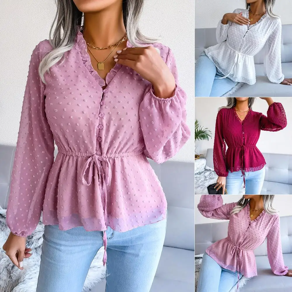

Spring Summer Long Sve Polka Dot Chiffon Blouse Waist Cinched Lantern Sve Hemline Cross Border Women's Faion Top