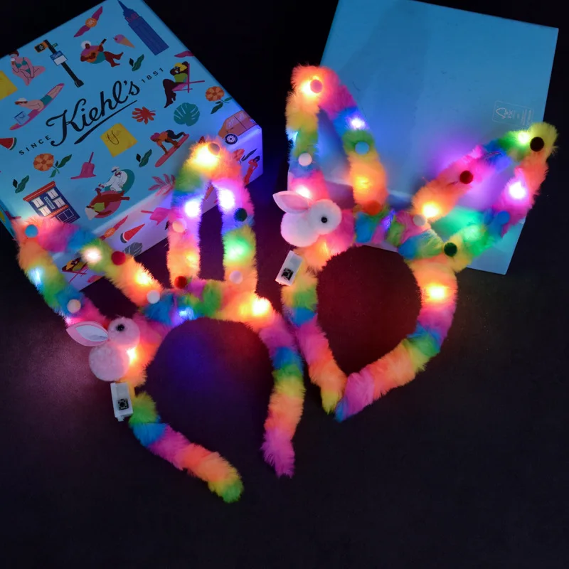 LED 14 Lamp Long Rabbit Ear Headband  Flashing Colorful String Lamp Luminous Hairband Birthday Party Christmas Easter Headband