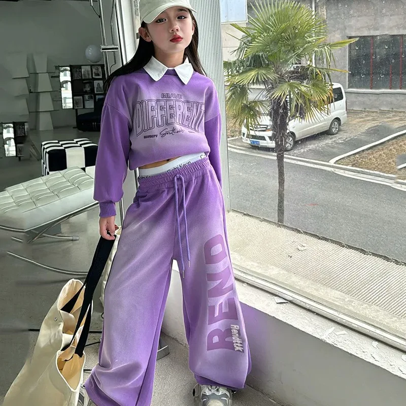 2024 autumn kids Girls Clothes Suit Child o-neck letters sweatshirt t-shirt + loose pant Tracksuit 4 5 6 7 8 9 10 11 12 year