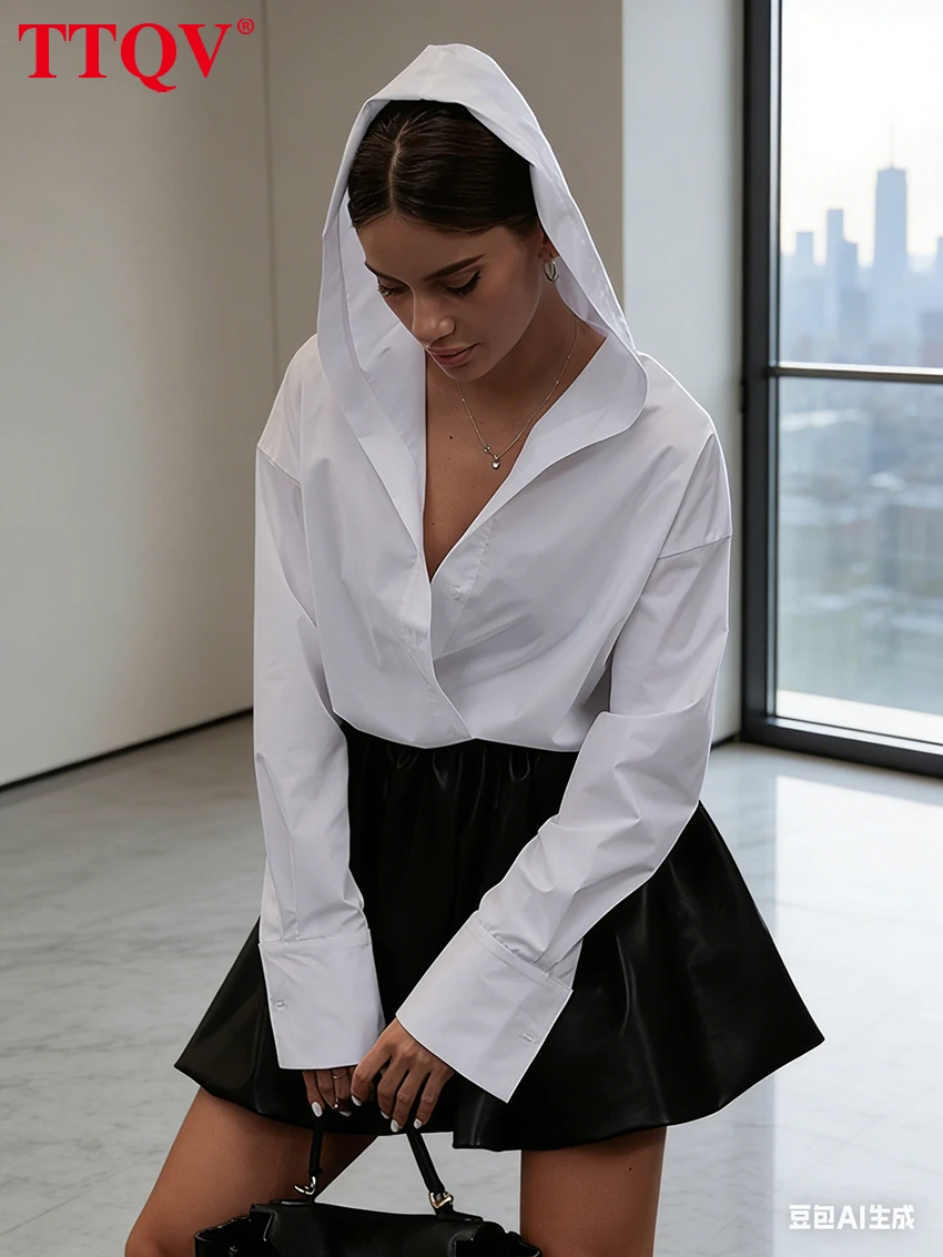 

TTQV Fashion Loose White Cotton Women's Shirt 2025 Elegant Hooded Long Sleeve Blouses Streetwear Solid Top Female Clothing