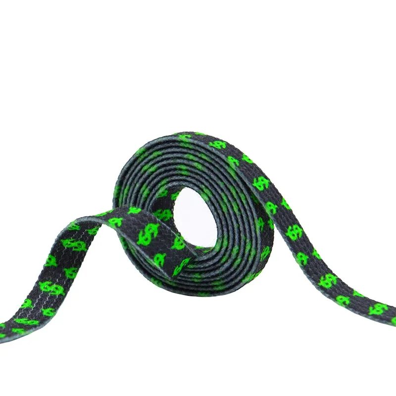 Coolstring 8MM Flat Canvas Polyester Cotton Laces Black-Green Dollar Heat Transfer Printing Pattern Top Ropes Men Sneaker Cords
