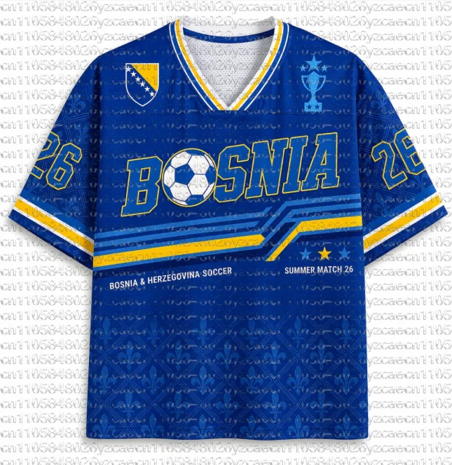2026 Summer Bosnia #26 Soccer Retro Football Jersey V-neck Soccer Shirt Men's Oversize Casual Sports Tee for Fans Kids Adults