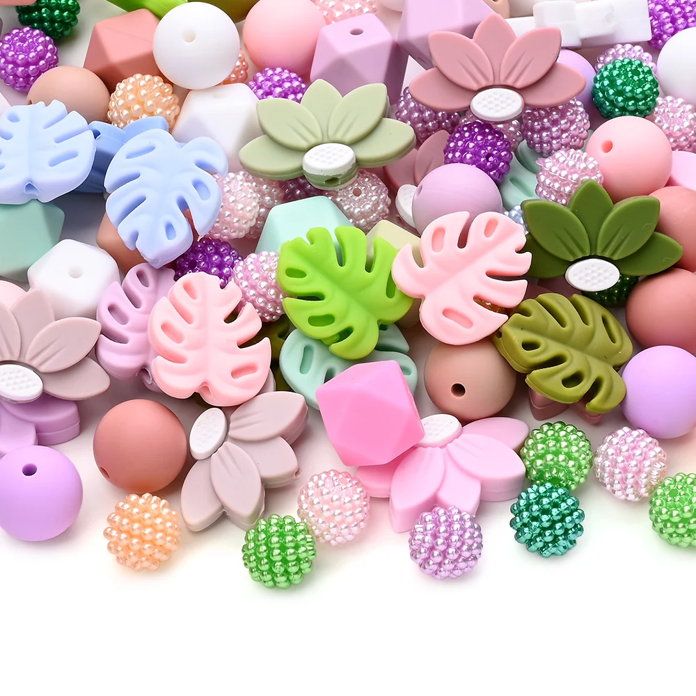 7Pcs Pacifier Chain Silicone Beads Silicone Flower&Leaf Set Beads Combination Set Baby Chew Toy DIY ooth Protection  Accessories