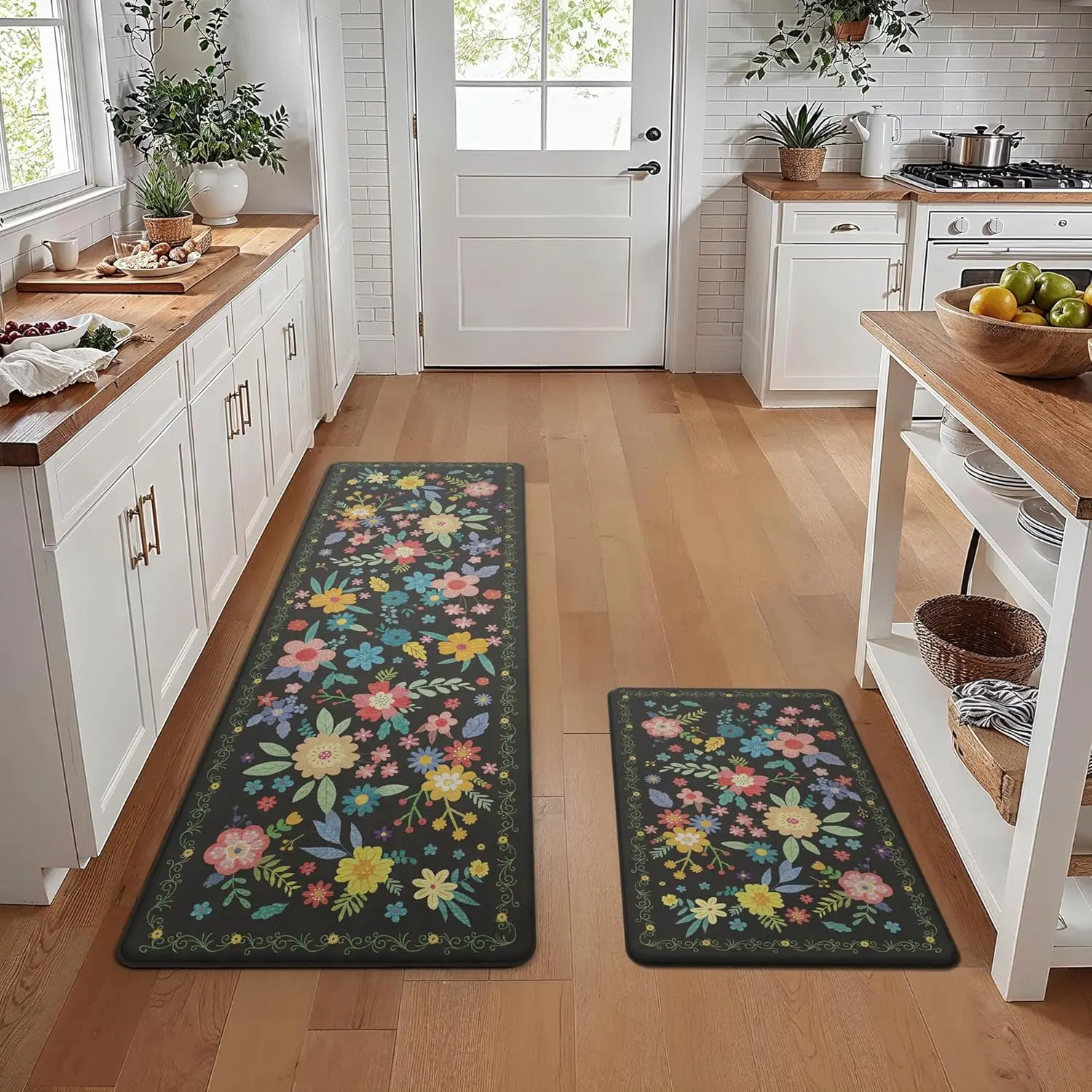 

2-Piece Cushioned Kitchen Mats, Non Slip & Waterproof, Anti Fatigue Standing Mat for Floor, Farmhouse Runner 23.6"x71" + 20"x32", Black