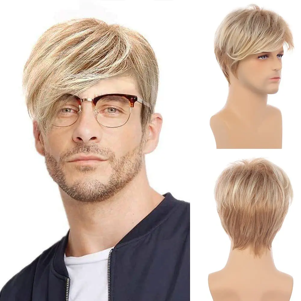 

Synthetic Short Golden Brown Straight Layered Wig with Side Bangs for Men Daily Cosplay Party Use Fake Hair Heat Resistant