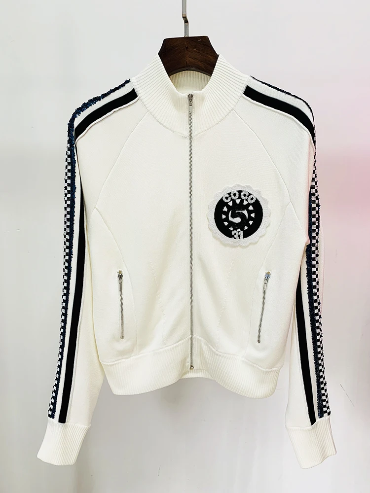 HIGH QUALITY Newest 2024 Designer Fashion Women's Stunning Beaded Sequined Badge Bomber Baseball Jacket