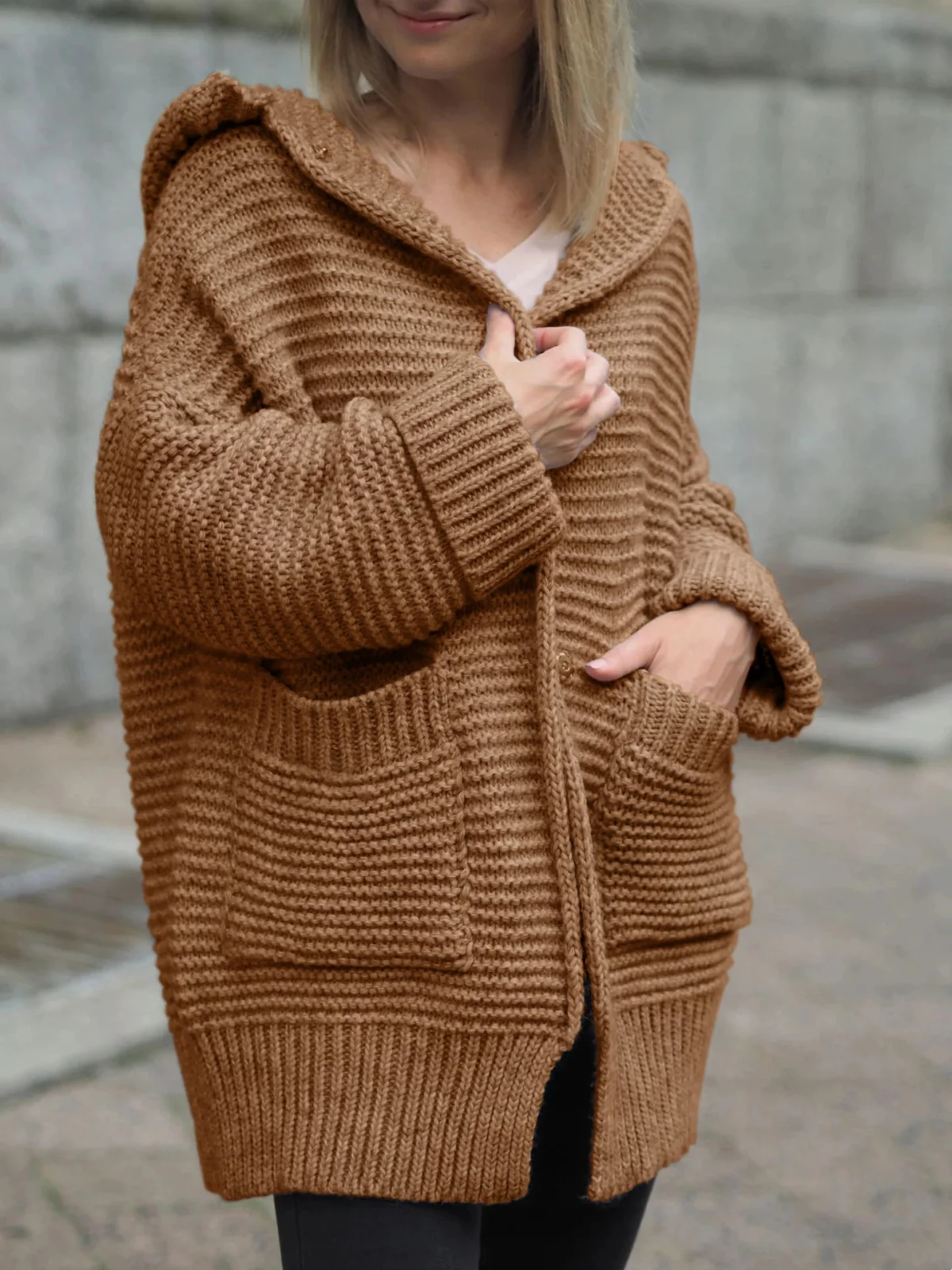 Hooded Open Front Knitting Cardigan Women Long Sleeve Pockets Sweaters Casual Loose Fitting Coat Tops Button Autumn Streetwear