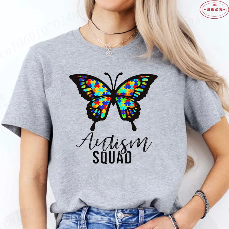 

Autism Squan T-shirts for Women Clothing Colorful Butterfly Autism Awareness Month Tees Shirts Female Harajuku Graphic Y2k Tops