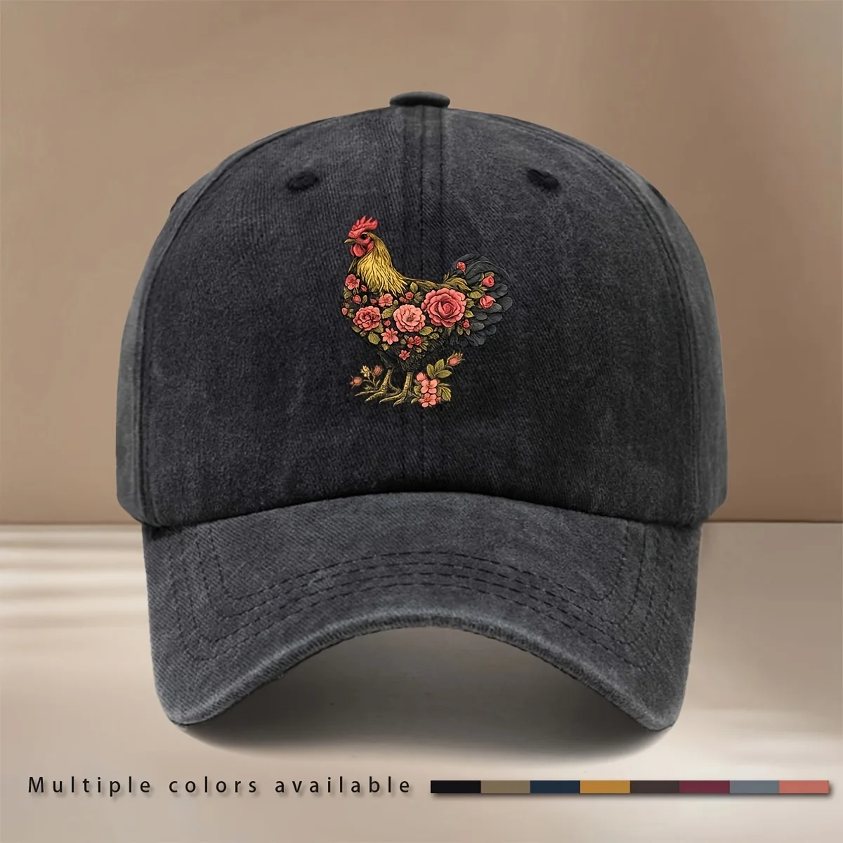 This Is a Baseball Cap with a Floral Rooster Cluster Print. It's Fashionable, Comfortable, and Adjustable in Size. The Six-panel