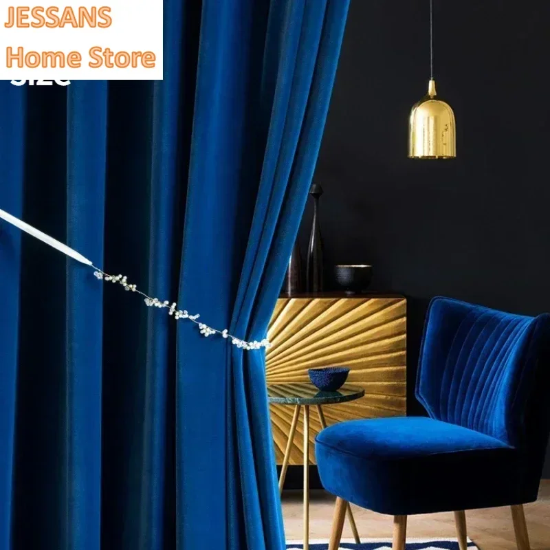 

Custom Size Blackout Luxury Blue Velvet Curtains for Living Room European Window Kitchen Fashion Elegant Solid Color Tulle