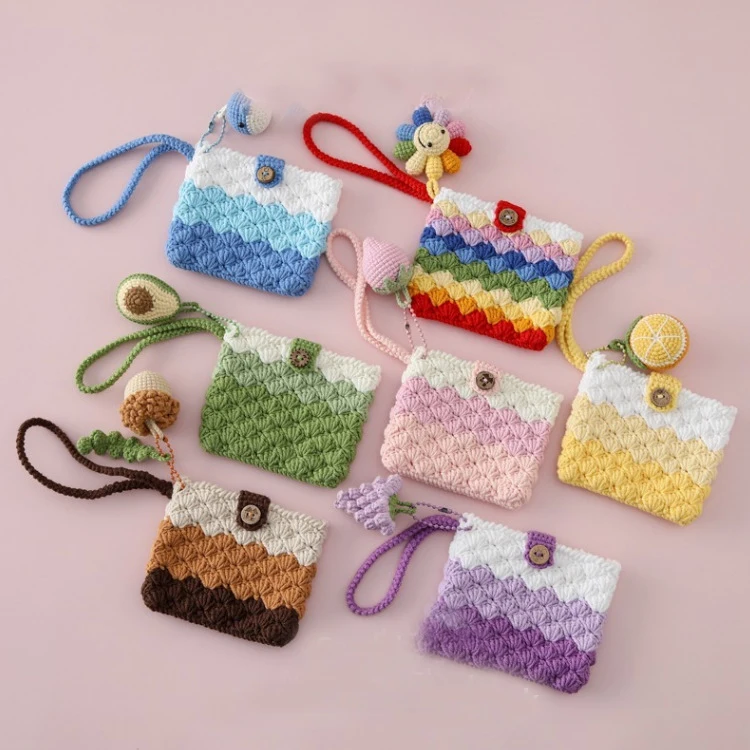 Cute Crochet Wallet Handmade Woven Card Case Mini Knitted Lipstick Storage Bag Hanging Gift