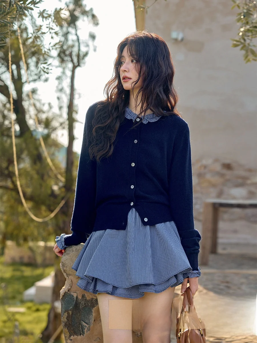 

Корейский вязаный кардиган Ele с длинными рукавами, скрытый синий дизайн, весна-осень, женская повседневная модная одежда