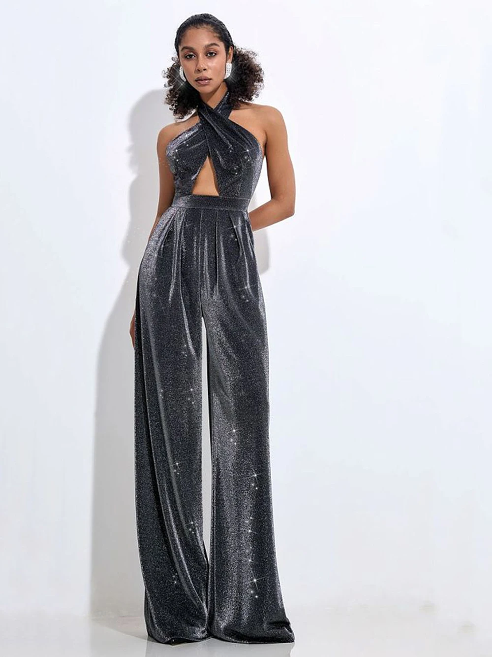 

Personalized Street Women's High Waisted Silver Hot Stamping Jumpsuit Wide Leg Pants European And American Style Party Gowns