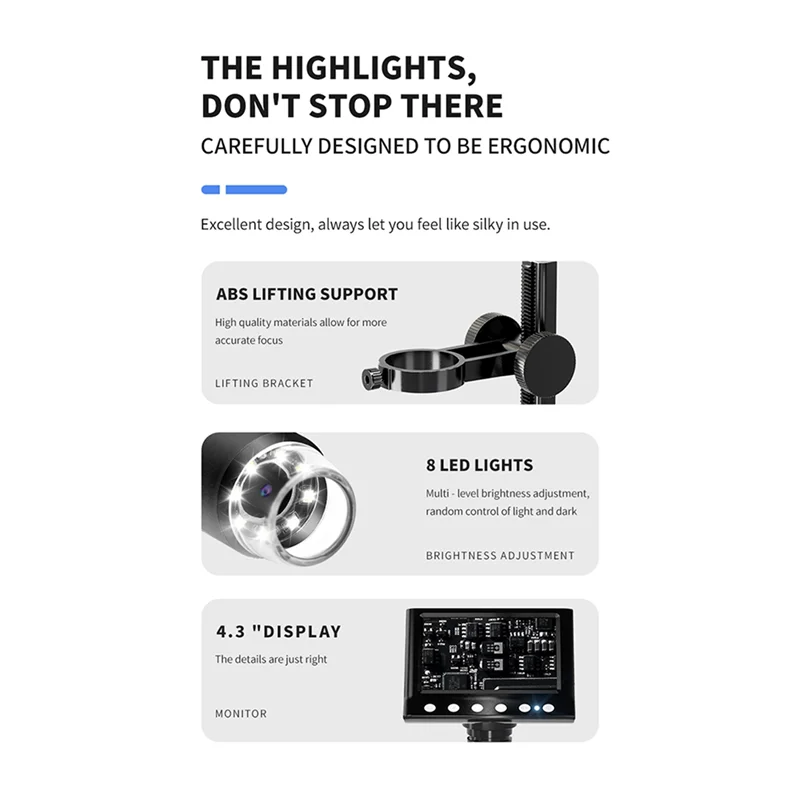ABFY-2Pcs 4.3 Inch Digital Microscope 1000X Coin Microscope 960P Video Microscope For Adults Welding With 8 LED