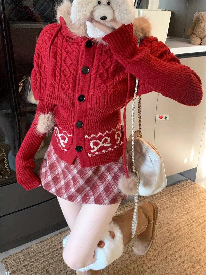 

Christmas Knitted Hat Sweater Women's Winter Long Sleeve Casual Top Red Fair Isle Embroidery Hooded Open Cardigan Breathable ...