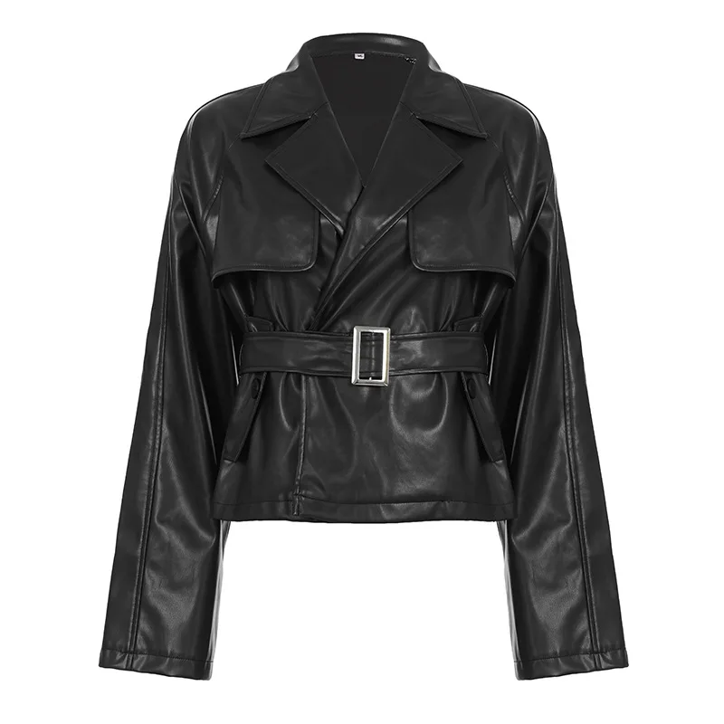 Women Faux Pu Leather Coats Solid Jacket Lace Up Turn Down Collar Long Sleeve Waist Cinched Coverd Button Streetwear 2025 Autumn