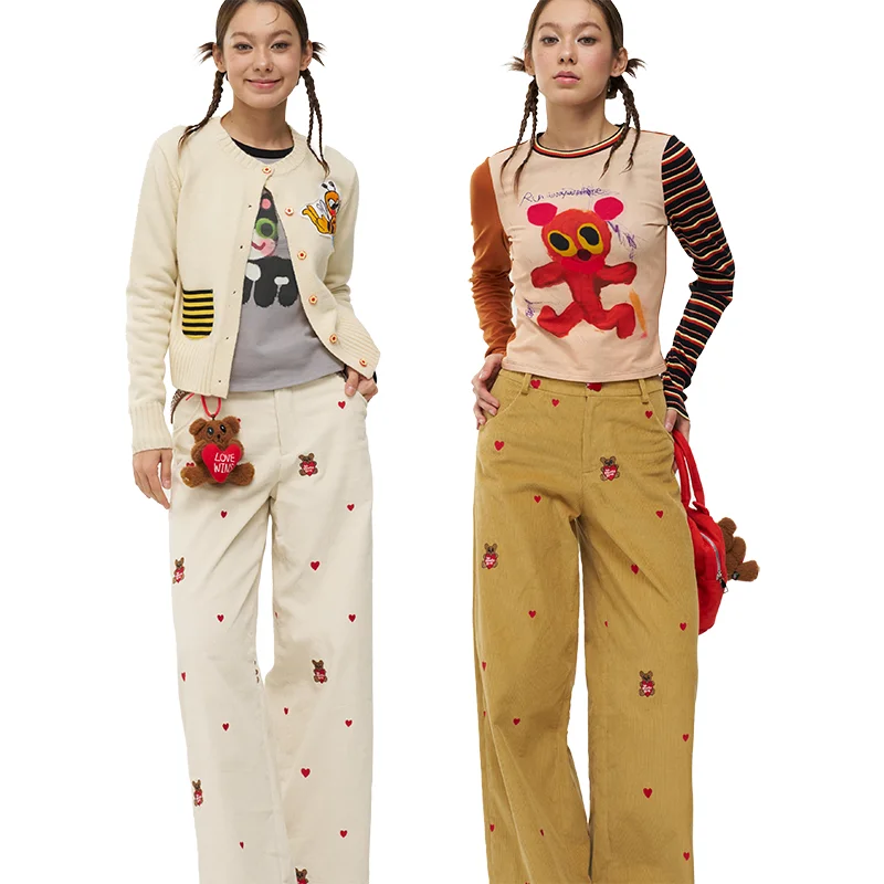 

Брюки женские прямые широкие из вельвета с вышивкой медведя, повседневные, оригинальный дизайн, на молнии, с завышенной талией