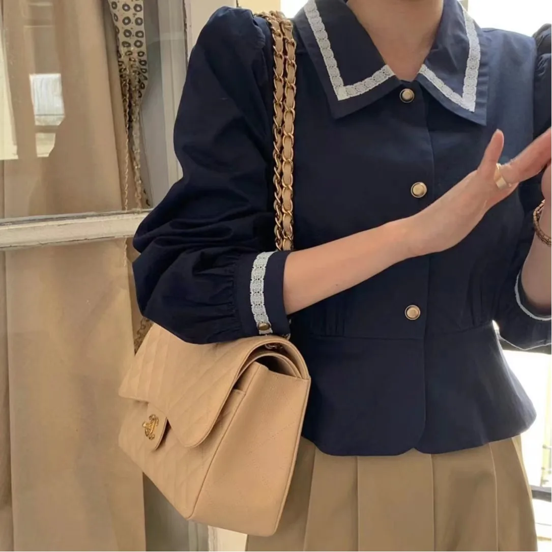 

Retro Color Block Doll Collar Lace Patchwork Bubble Sleeve Shirt Women's Fashion Spring Autumn Winter Casual Inner Wear Top
