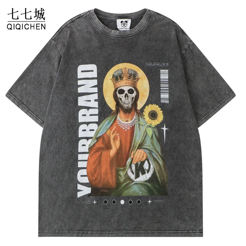 Retro Washed T Shirt Men Skull Queen Graphic Print Harajuku Street Cotton T-shirt Hip Hop Summer Oversize Diablo Tee Tops Unisex