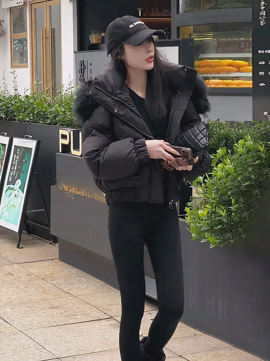 韓国製レディースダウンジャケット2025新作冬用厚手パンコートホワイトダウンアウターウェア帽子付きジッパー開閉