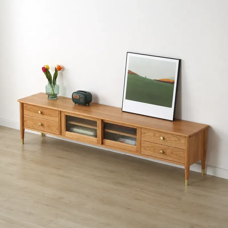 Nordic Modern Solid Wood TV Cabinet Cherry Oak Black Walnut Minimalist Audio Visual Console Living Room Floor Storage Unit