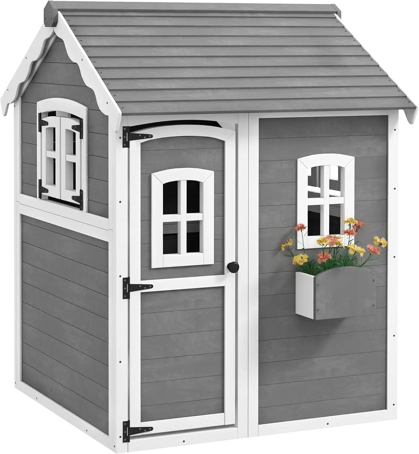 Casita de juegos para niños, caseta de juegos de madera al aire libre con piso, puerta, ventanas y macetero para niños de 3 a 8 años, patio trasero, césped, jardín,