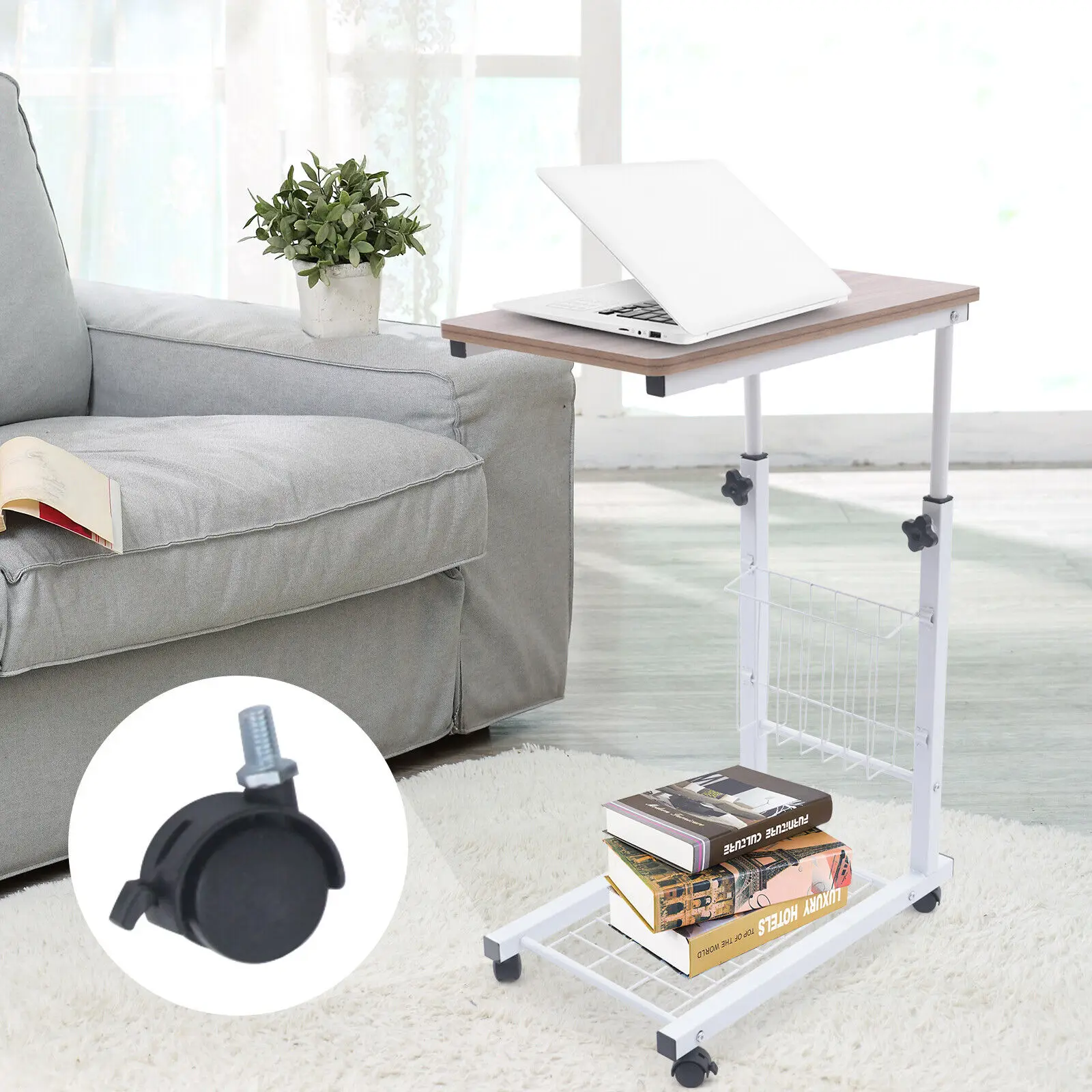 Portable Bedside Sofa Side Table Mobile Wheels Hospital Overbed Rolling Tray Height Adjustable End Desk C-Shaped