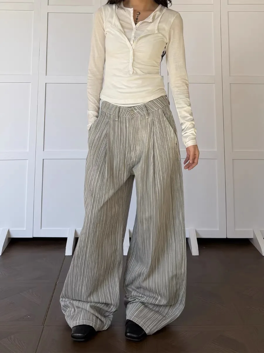 

American Retro Texture Stripe Folded Wide Leg Pants Loose Straight Casual High Waist Polyester Fiber Youth Spring Autumn