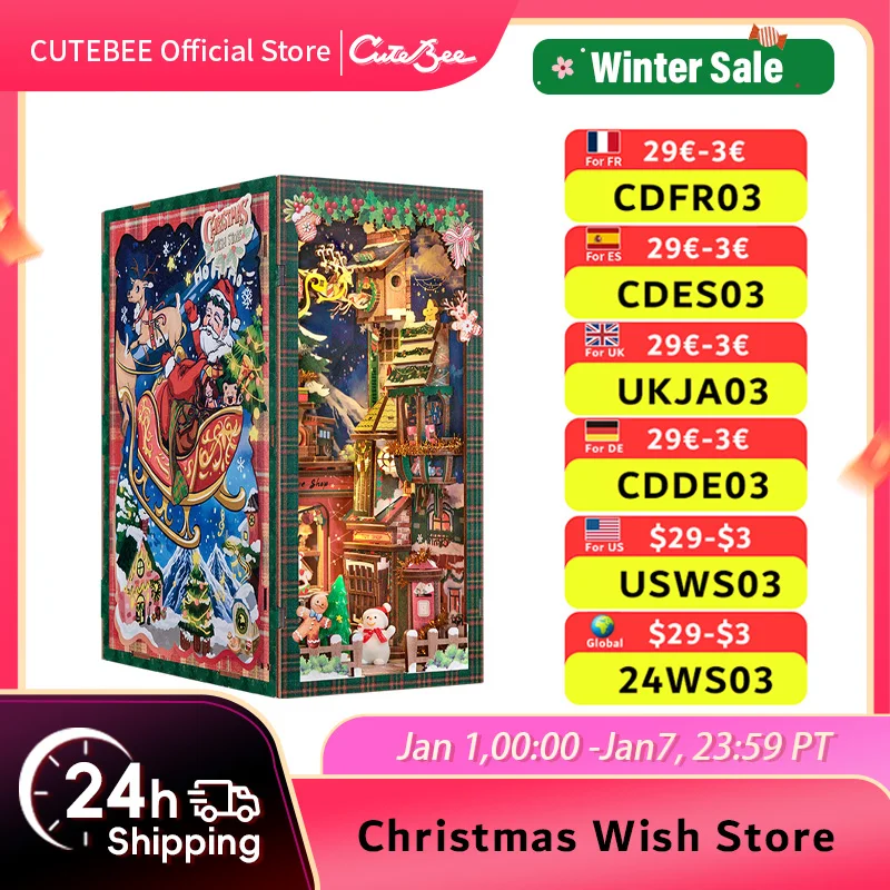 CUTEBEE DIY Christmas Wish Store Book Nook Kit ตุ๊กตาจิ๋วพร้อมแสงฝุ่นชั้นวางหนังสือแทรกสําหรับคริสต์มาสของขวัญ