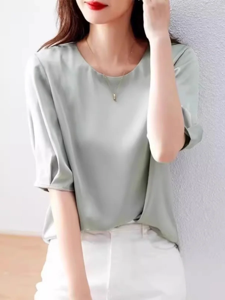 Cetim de seda ort sve camiseta feminina lanterna sve topo faionable novo 2024 redondo ne cor pura comprimento cinco quartos