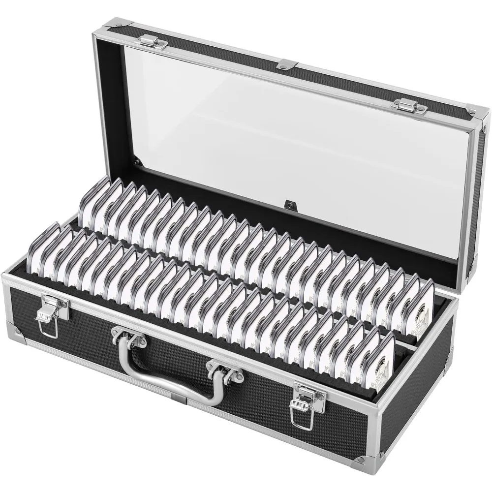 Aluminum Coin Storage Display Box with 50 Slots Coin Storage Case w/Clear Lid Coin Collector Supplies (Black)