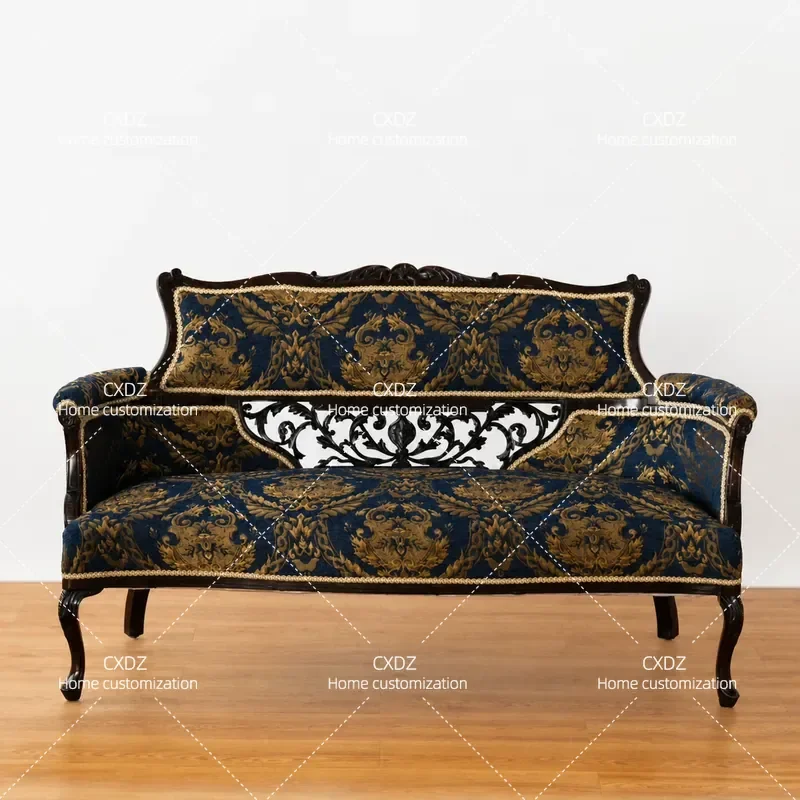 Classical Solid Wood Carved Flower Chair European Retro Villa Balcony Sofa Double Light Luxury High End Leisure Chair