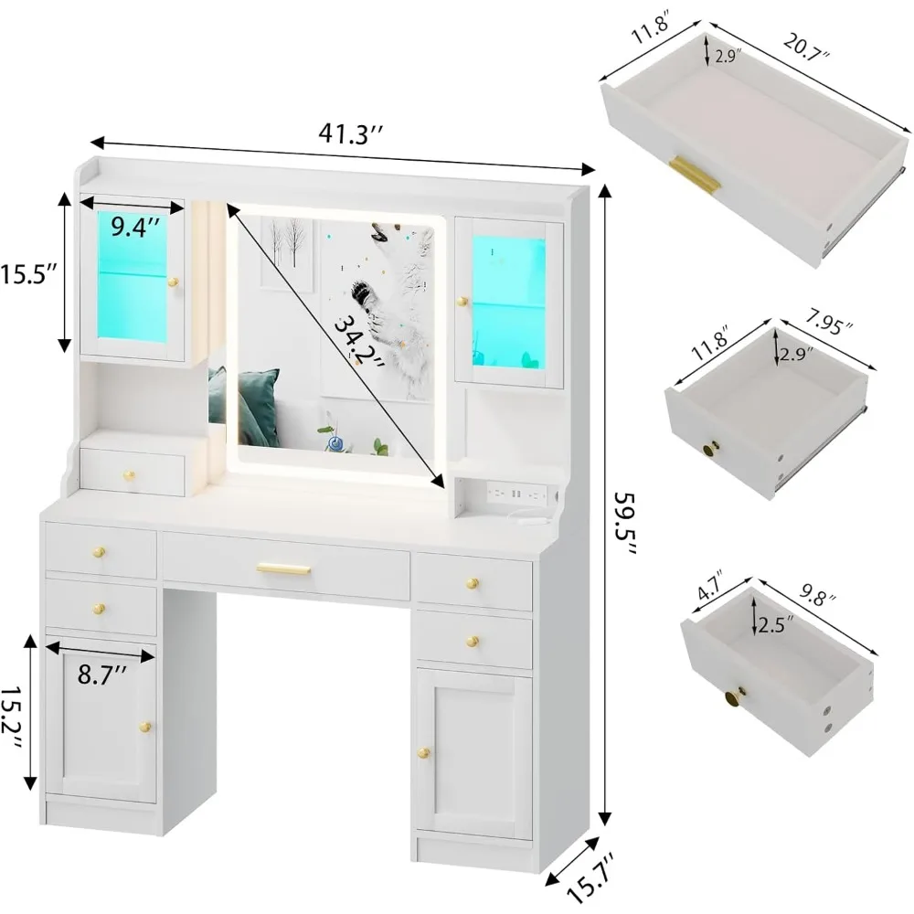 White Makeup Vanity Desk with Mirror and Lights, Large Vanity Table Set with Charging Station, Dressing Table with RGB Cabinets image 5